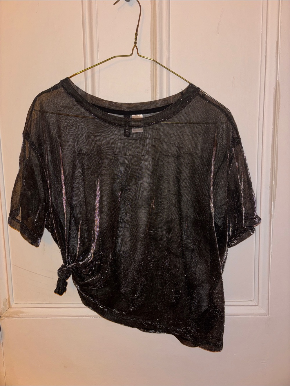 Divided Sheer Black Short-Sleeve Knot-Front Tee
